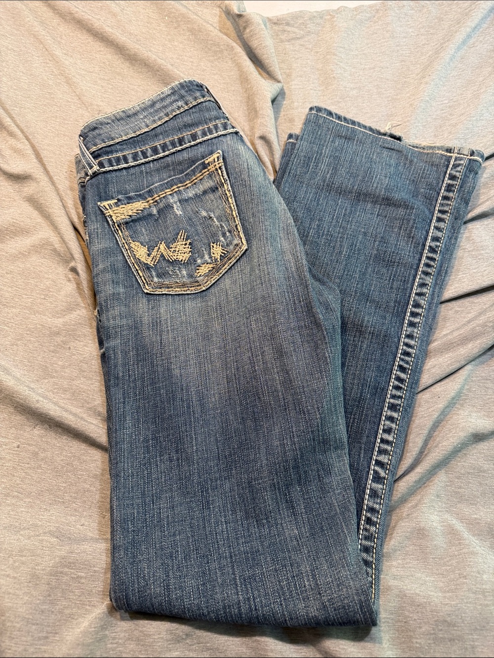 BKE Women's Blue Boot Cut Jeans with Distressed Back Pocket